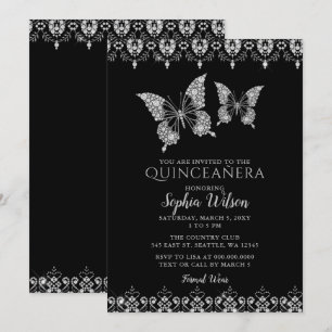 Schwarze Diamant-Spitze-Schmetterlinge Quinceañera Einladung