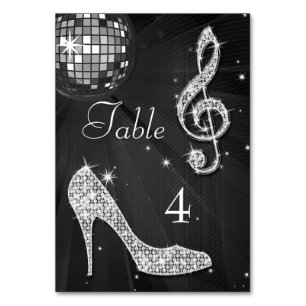 Schwarze Disco-Kugel und Stiletto-Schuh doppelseit Tischnummer