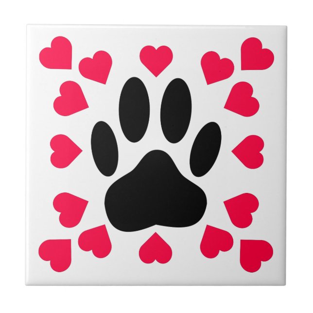Schwarze Dog Paw Druck mit Herzformen Fliese (Vorderseite)
