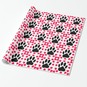 Schwarze Dog Paw Druck mit Herzformen Geschenkpapier
