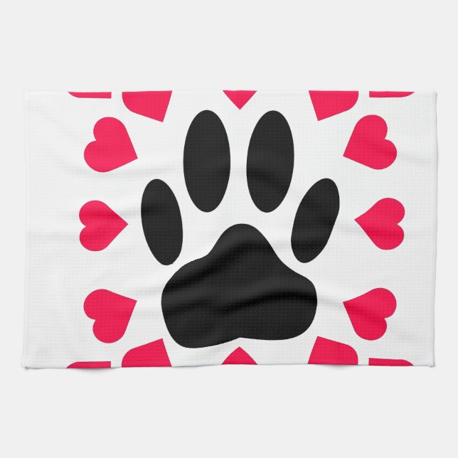 Schwarze Dog Paw Druck mit Herzformen Küchentuch (Horizontal)