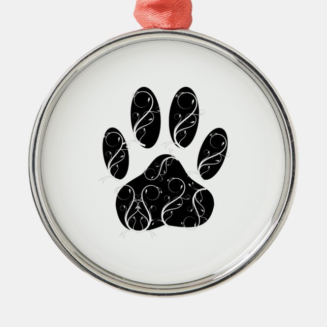Schwarze Dog Pfosten mit weißen Schnörkeln Silbernes Ornament (Vorne)
