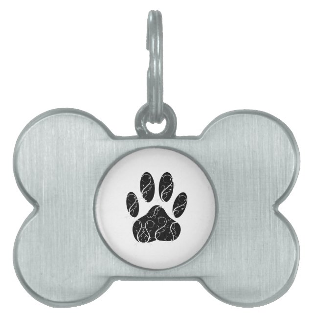 Schwarze Dog Pfosten mit weißen Schnörkeln Tiermarke (Vorderseite)