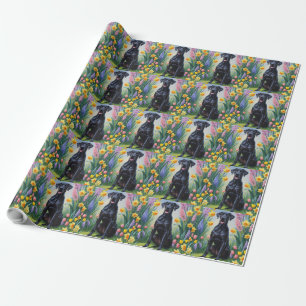 Schwarze Dogge Frühjahrsblumenmalerei Geschenkpapier