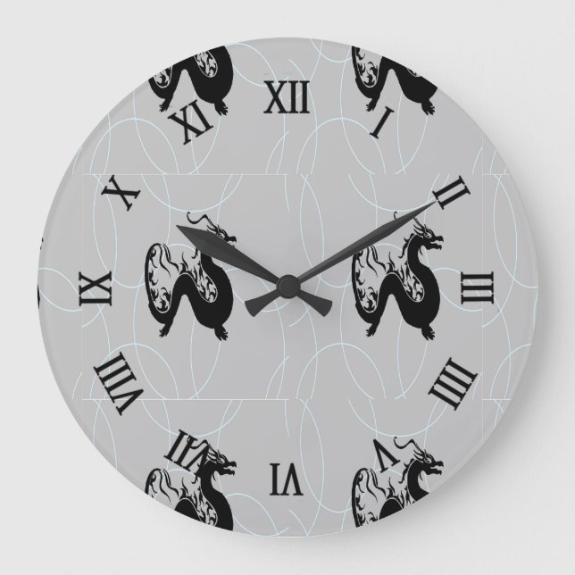 Schwarze Drachen auf grau Große Wanduhr (Vorderseite)