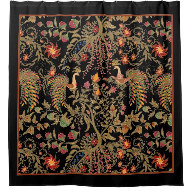 Schwarze Dunkelvögel Blume Blumenwaldmärchen Duschvorhang (Vorderseite)