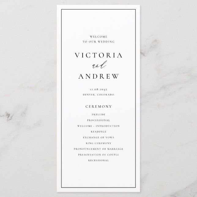 Schwarze einfache Typografie Formale Hochzeit Programm (Vorderseite)