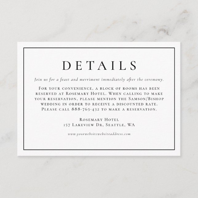 Schwarze einfache Typografie - formale Hochzeitdet Begleitkarte (Vorderseite)