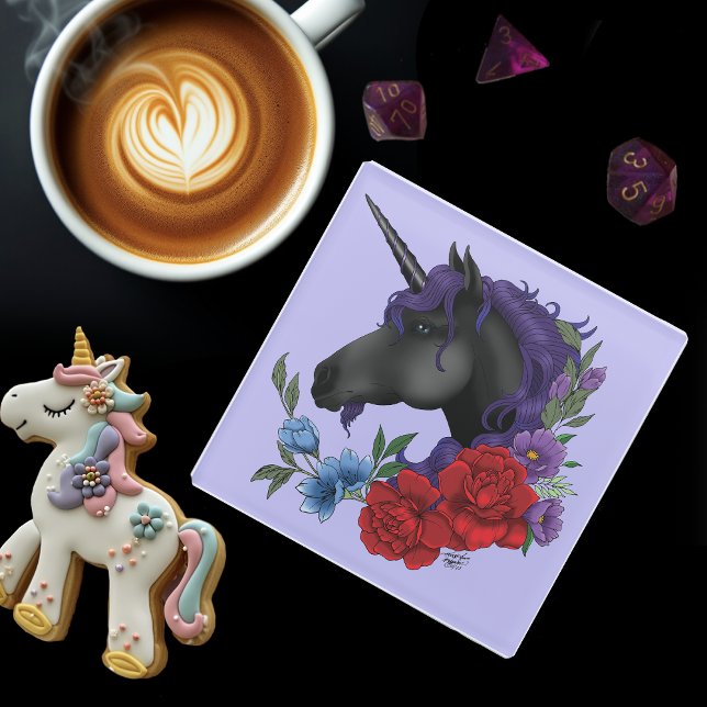 Schwarze Einhorn-Blume Lila Glasuntersetzer (Von Creator hochgeladen)