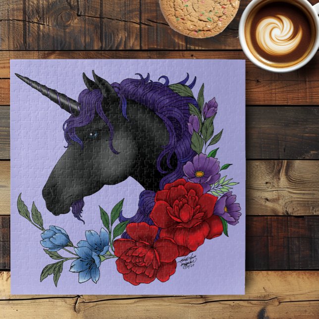 Schwarze Einhorn-Blume Lila Puzzle (Von Creator hochgeladen)