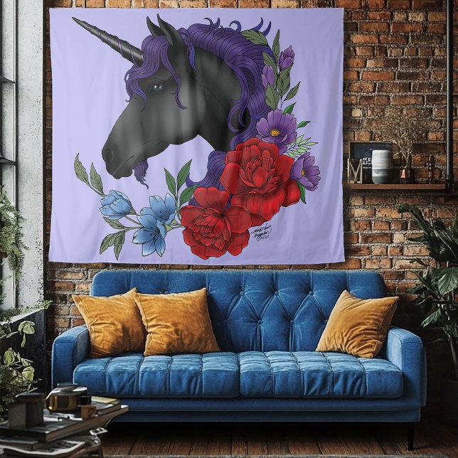 Schwarze Einhorn-Blume Lila Wandteppich (Von Creator hochgeladen)