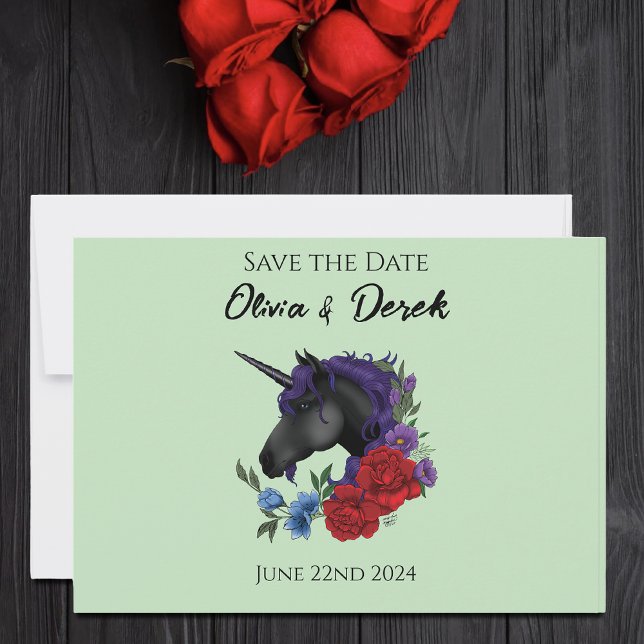 Schwarze Einhorn-Lila Rote Blume Save The Date (Von Creator hochgeladen)