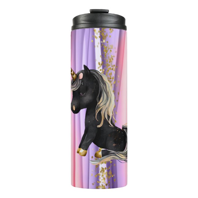 Schwarze Einhorn Rosa Ohren Thermosbecher (Vorderseite)