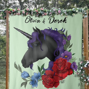 Schwarze Einhorn Rote Lila Blume Wandteppich