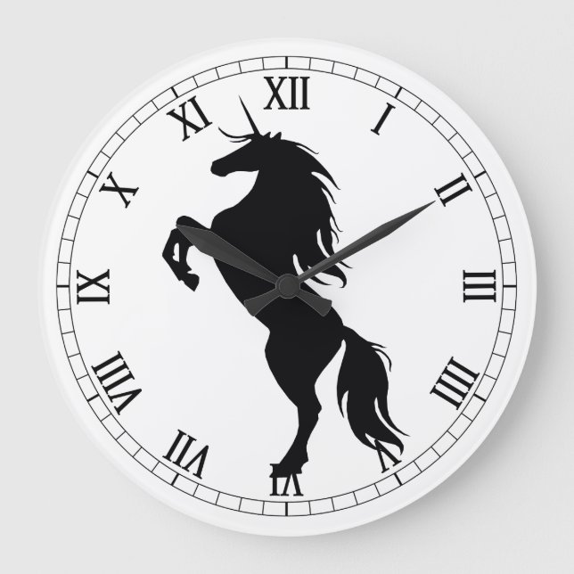 Schwarze Einhorn-Silhouette römische Numerische Uh Große Wanduhr (Vorderseite)