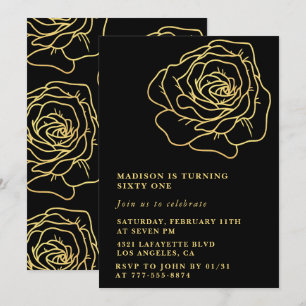 Schwarze Einladungen zum 61. Geburtstag Gold Flora