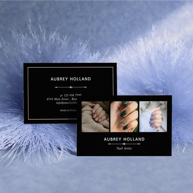 Schwarze Elegant Nail Artist Foto Collage Visitenkarte (Von Creator hochgeladen)