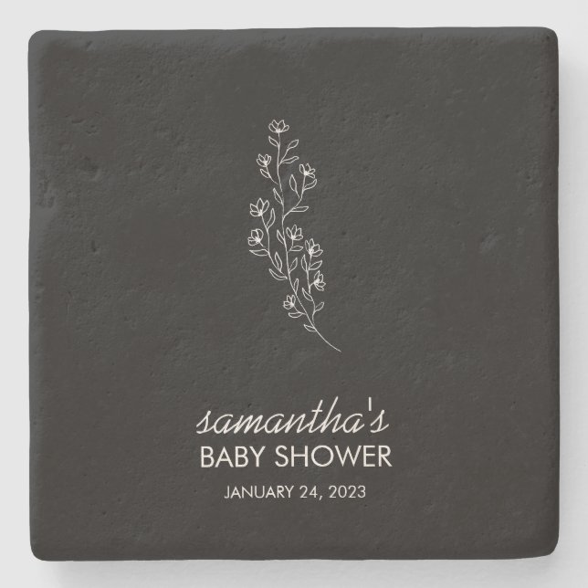 Schwarze elegante Blumenlinienkunst Steinuntersetzer (Vorderseite)