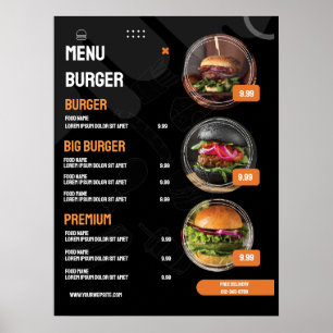 Schwarze elegante Burger-Restaurant-Menü-Einladung Poster