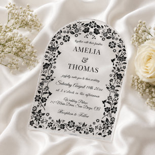 Schwarze elegante florale Hochzeit Acryleinladungen