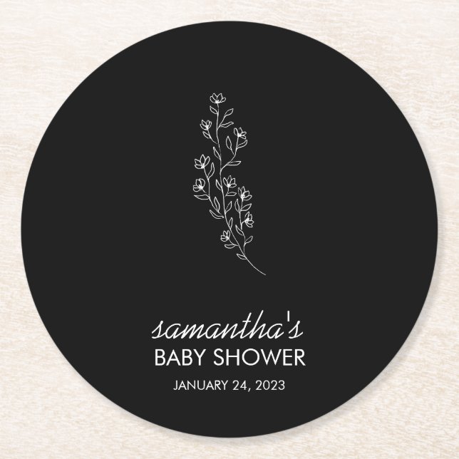 Schwarze elegante handgezeichnete Skizzenblume Runder Pappuntersetzer (Vorderseite)