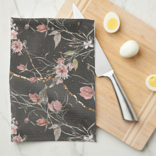 Schwarze elegante moderne florale Rose Geschirrtuch
