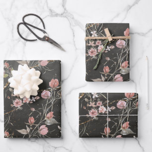 Schwarze Elegante Moderne Rose Geschenkpapier Set