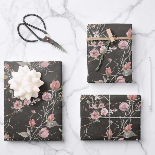 Schwarze Elegante Moderne Rose Geschenkpapier Set (Vorderseite)