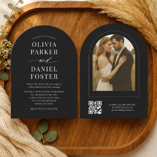 Schwarze elegante QR-Code-Foto-Hochzeit  Einladung