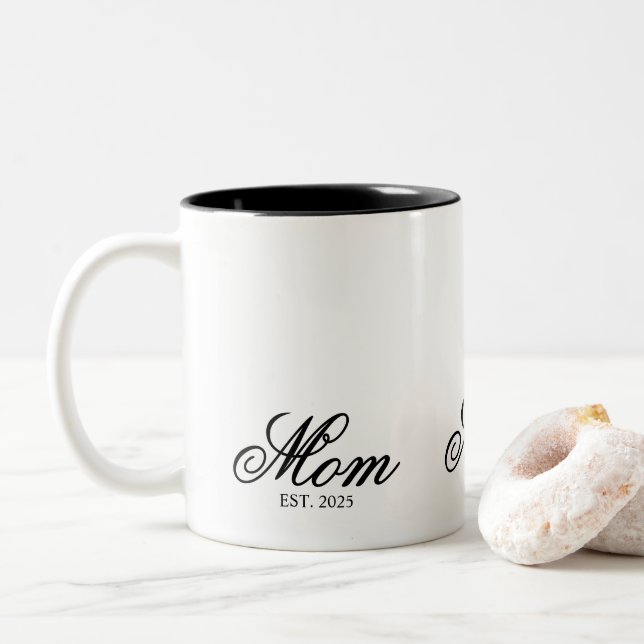 Schwarze elegante Schrift etablierte Mutter Zweifarbige Tasse (Mit Donut)