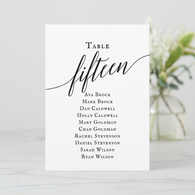 Schwarze, elegante Script-Tischnummer 15 Seating C Einladung (Stehend Vorderseite)