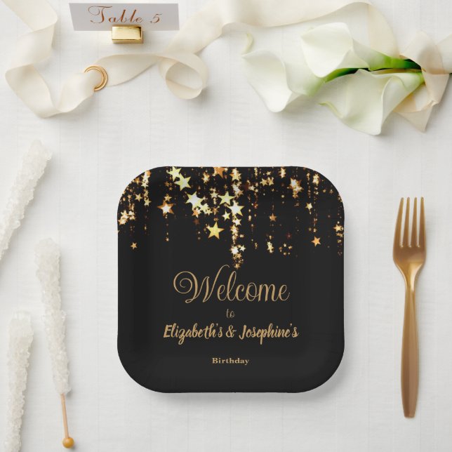 Schwarze, elegante und goldene Sterne Doppelgelenk Pappteller (Hochzeit)