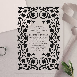 Schwarze elegante verzierte Blumenrahmen-Hochzeit  Acryleinladungen