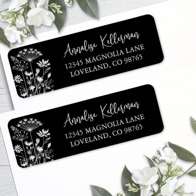 Schwarze Elegante Wildblume Rücksendeadresse (Black Elegant Wildflower Return Address Label )