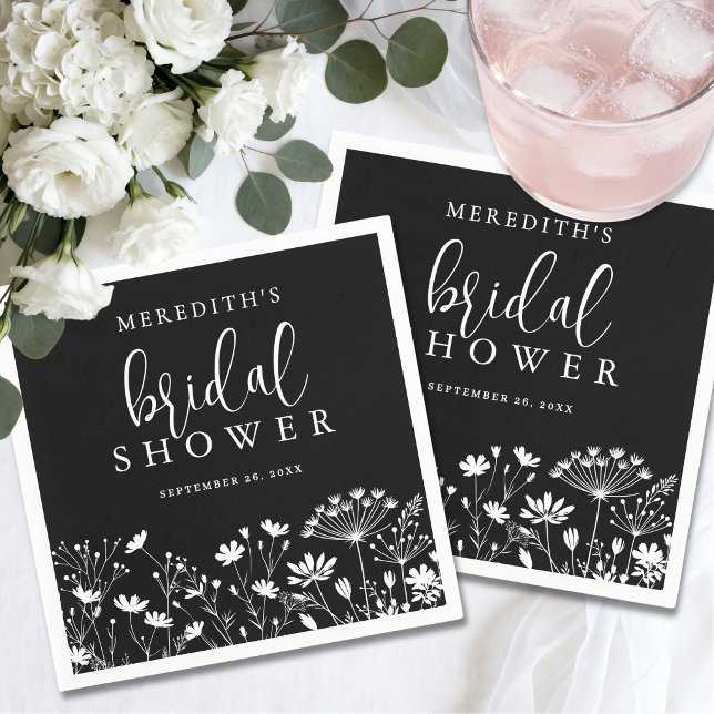 Schwarze elegante Wildblumen-Brautparty Serviette (Black Elegant Wildflower Bridal Shower Napkins)