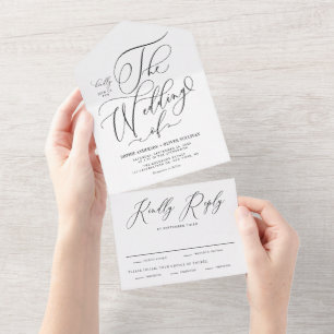 Schwarze elegante wunderliche Kalligrafie-Hochzeit All In One Einladung