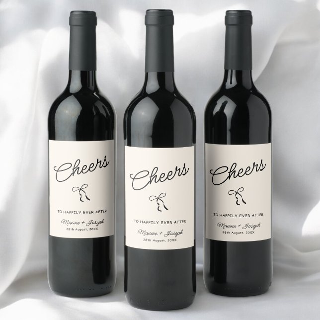 Schwarze & Elfenbein Handgezeichnete Bogenband-Ski Weinetikett (Black and ivory bow ribbon wedding wine label brings timeless elegance to your celebration.)