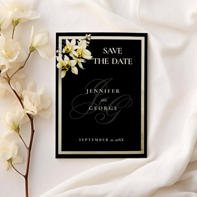 Schwarze Elfenbeinmonogramm-Initialen Save the Dat Save The Date (Black ivory monogram initials orchid Save The Date)