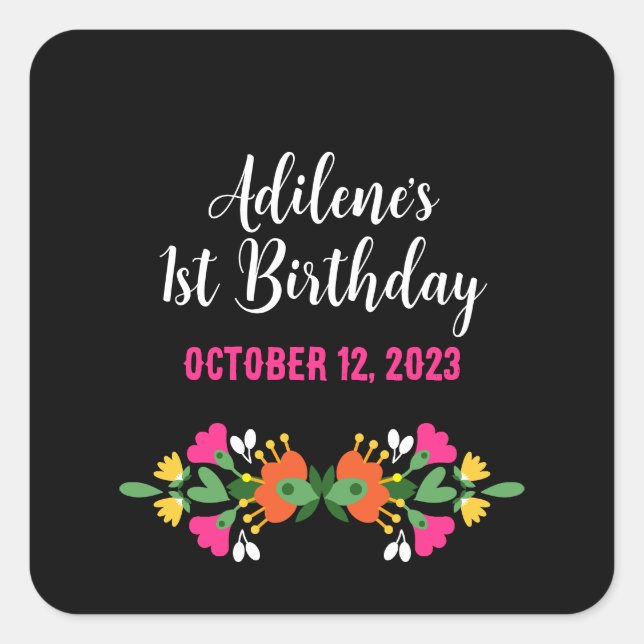 Schwarze ethnische Blume Fiesta mexikanische Stick Quadratischer Aufkleber (Vorderseite)