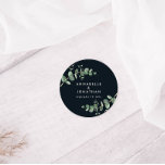 Schwarze Eukalyptus-Blattpflanzen-Gastgeschenk Hoc Runder Aufkleber<br><div class="desc">Schönes,  zartes Eukalyptus foliage Gastgeschenk Hochzeit Aufkleber Design. Moderne Eleganz auf dem Trend Salbeigrün,  schwarz,  marineblau und weiß stilvolle zeitgenössische rustikale Sammlung. Ideal für Frühjahr,  Sommer,  Herbst,  Herbst oder Winter Hochzeiten.</div>