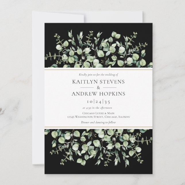 Schwarze Eukalyptus-Hochzeit Einladung (Vorderseite)