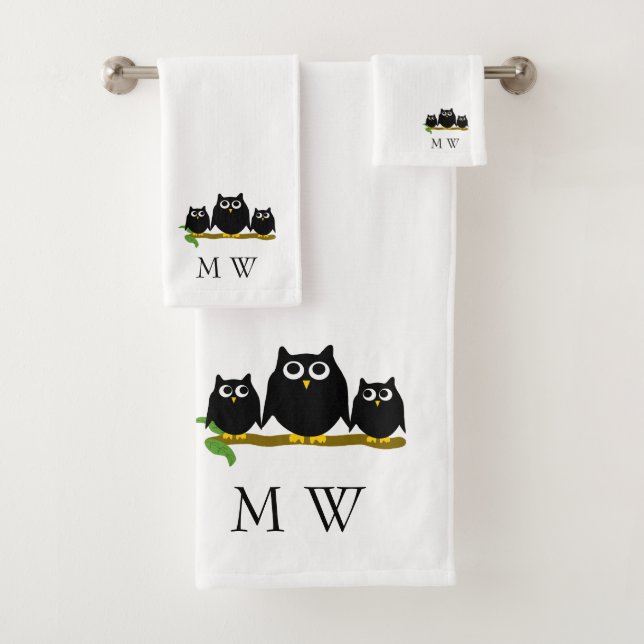 Schwarze Eulen Design-Monogramm Badhandtuch Set (Insitu)