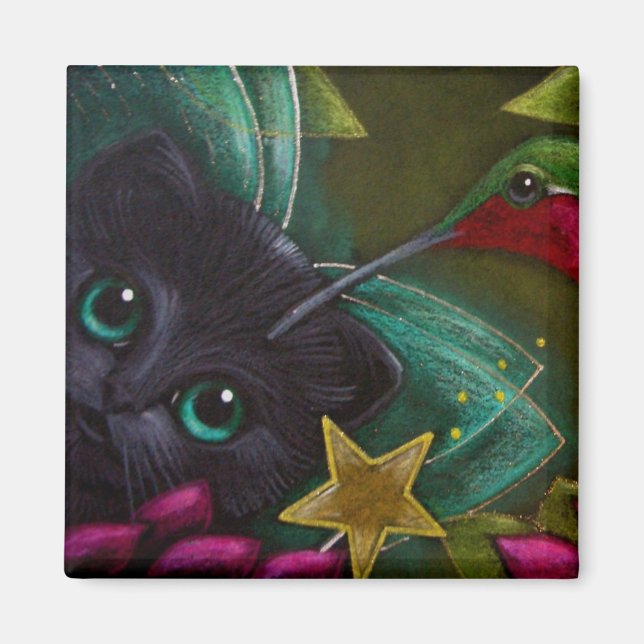 SCHWARZE FAIRE KITTEN CAT- UND HUMMINGBIRD-Magnet Magnet (Vorne)