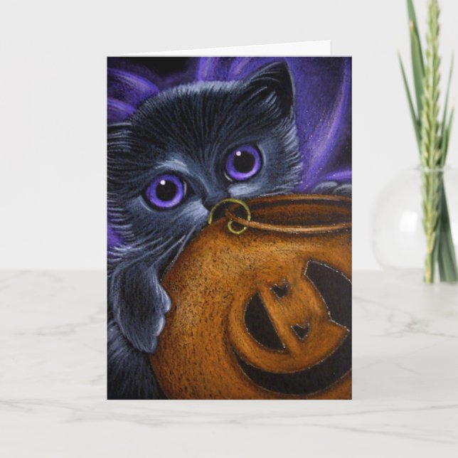 SCHWARZE FAIRE KITTEN KATZE HALLOWEEN PUMPKIN BASK KARTE (Vorderseite)
