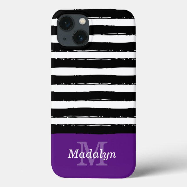 Schwarze Farbstreifen Muster mit Violett-Monogramm Case-Mate iPhone Hülle (Rückseite)