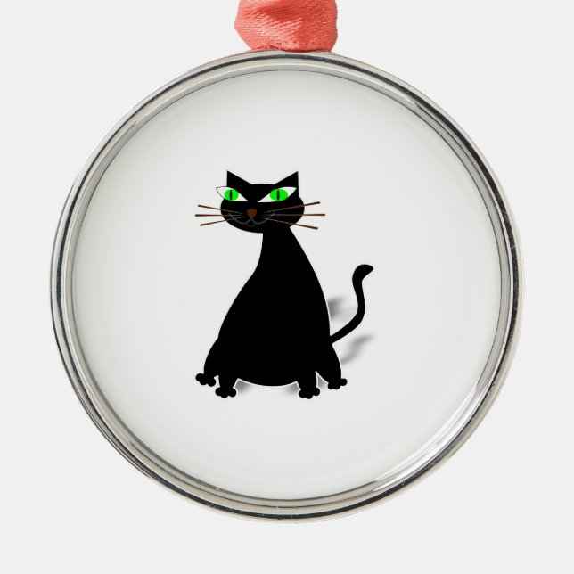 Schwarze Fett-Katze mit grünen Augen Silbernes Ornament (Vorne)