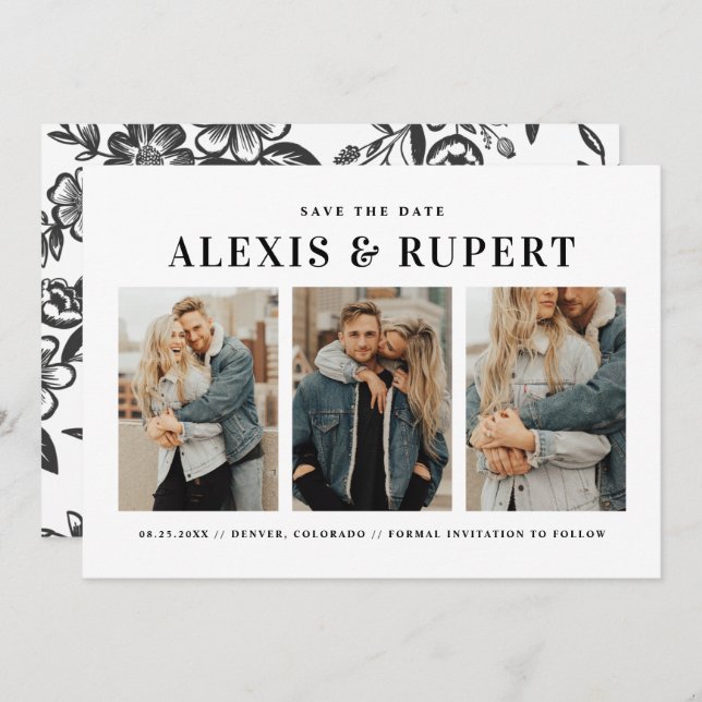 Schwarze fette Minimalistische Typografie FotoColl Save The Date (Vorne/Hinten)