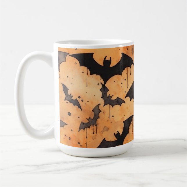Schwarze Fledermäuse in Aquarellen auf Orange Kaffeetasse (Links)