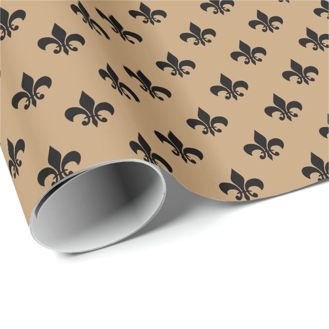 Schwarze Fleur-de-lis auf Kamelbraun Geschenkpapier (Rolleneckpunkt)