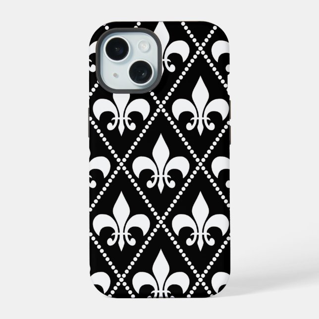 Schwarze Fleur de Lis iPhone 15 Hülle (Rückseite)